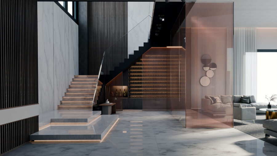 Interno moderno con scale, piano in legno, soggiorno luminoso e pareti marmoree. Gabbia di vetro-ambra a destra.