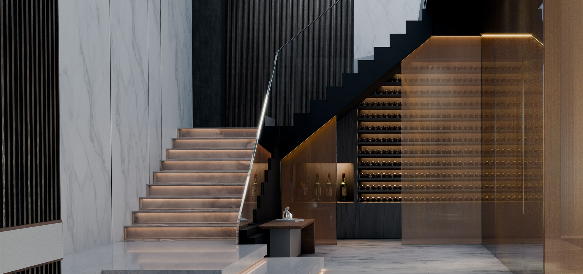 Interno moderno: scale in legno illuminate, pareti marmo e area lounge. Atmosfera elegante e minimalista.